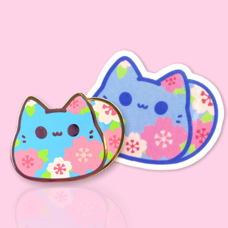 Spring Sakura Kitty Bean Pin & Sticker